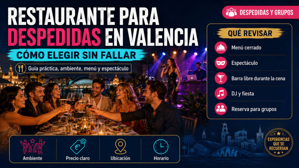 Guía para elegir restaurante para despedidas en Valencia con menú, espectáculo, barra libre durante la cena y DJ para grupos.