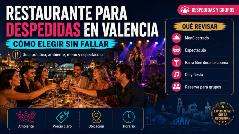 Guía para elegir restaurante para despedidas en Valencia con menú, espectáculo, barra libre durante la cena y DJ para grupos.