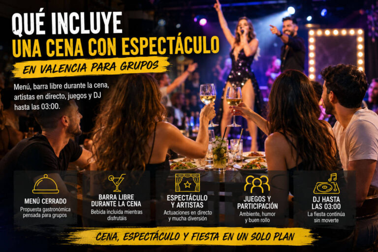 Cena con espectáculo en Valencia para grupos con menú cerrado, barra libre durante la cena, artistas en directo, juegos y DJ hasta las 03:00.