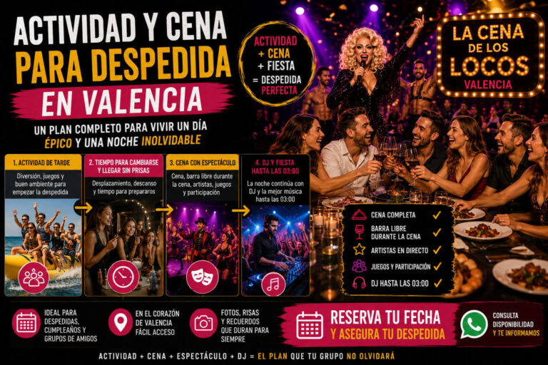 Actividad y cena para despedida en Valencia con plan de tarde, cena espectáculo, barra libre durante la cena, artistas, juegos y DJ.