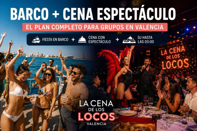 Plan de barco y cena espectáculo en Valencia para grupos con fiesta en barco, artistas en directo, cena, DJ y ambiente festivo.