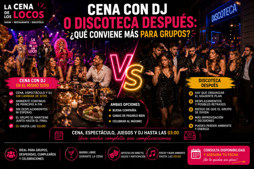 Cena con DJ o discoteca después para grupos en Valencia con comparativa entre cena espectáculo, juegos, fiesta y desplazamientos.