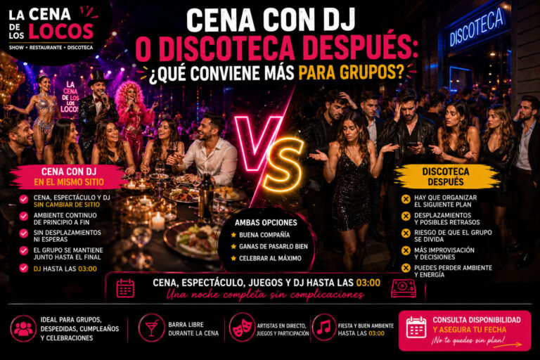 Cena con DJ o discoteca después para grupos en Valencia con comparativa entre cena espectáculo, juegos, fiesta y desplazamientos.