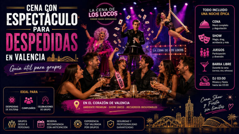 Cena con espectáculo para despedidas en Valencia con magia, drag queen, acrobacias, juegos, barra libre durante la cena y DJ.