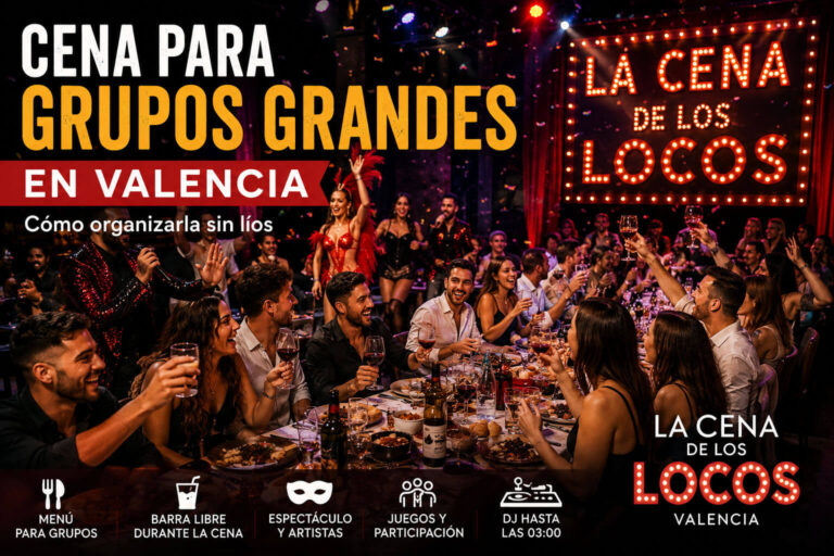 Cena para grupos grandes en Valencia con menú, barra libre durante la cena, espectáculo, artistas, juegos y DJ en La Cena de los Locos.