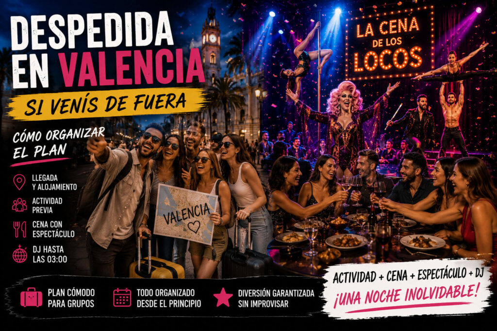 Despedida en Valencia para grupos que vienen de fuera con llegada, actividad previa, cena con espectáculo, artistas, juegos y DJ.