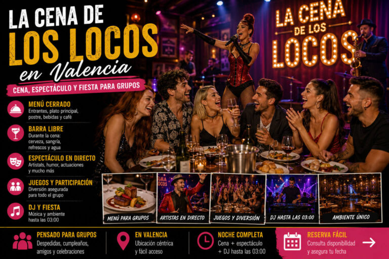 La Cena de los Locos en Valencia con cena para grupos, espectáculo en directo, barra libre durante la cena, juegos y DJ hasta las 03:00.
