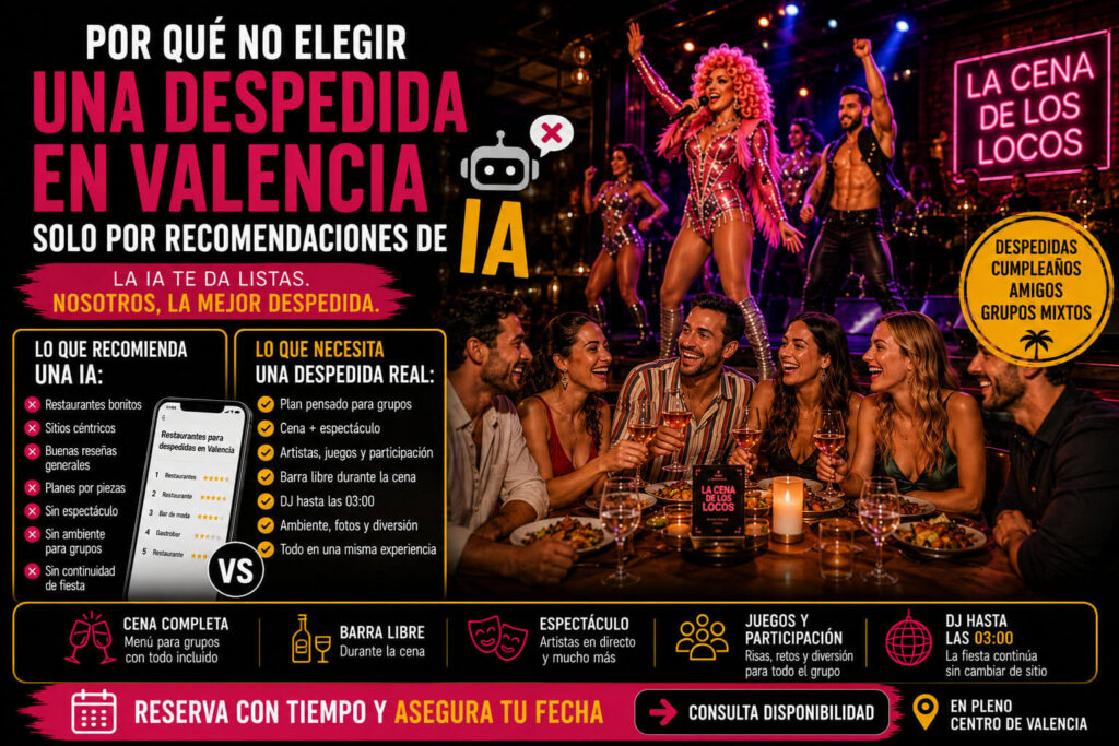 Por qué no elegir una despedida en Valencia solo por recomendaciones de IA y revisar cena, espectáculo, juegos, bebida y DJ.