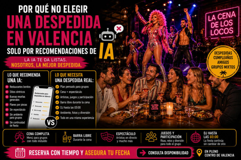 Por qué no elegir una despedida en Valencia solo por recomendaciones de IA y revisar cena, espectáculo, juegos, bebida y DJ.