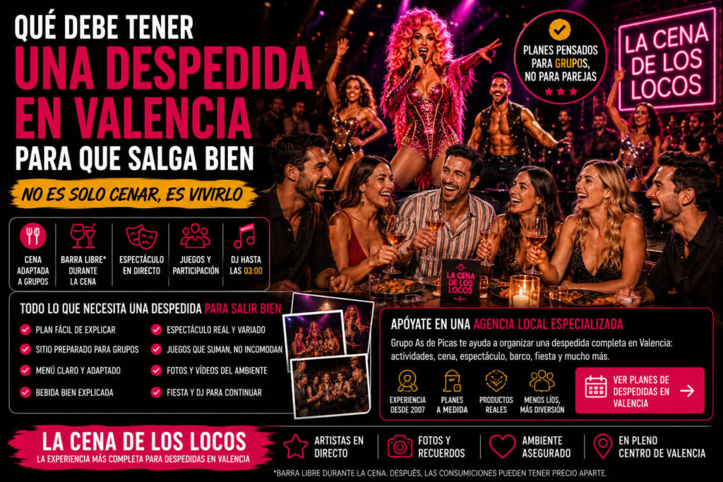Qué debe tener una despedida en Valencia para salir bien con cena, bebida clara, espectáculo, juegos, fotos, DJ y agencia local.