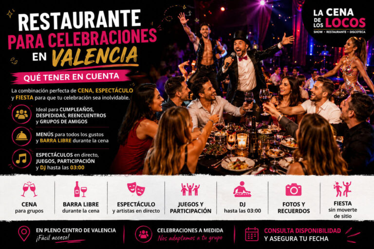 Restaurante para celebraciones en Valencia con cena, espectáculo en directo, juegos, barra libre durante la cena y DJ.