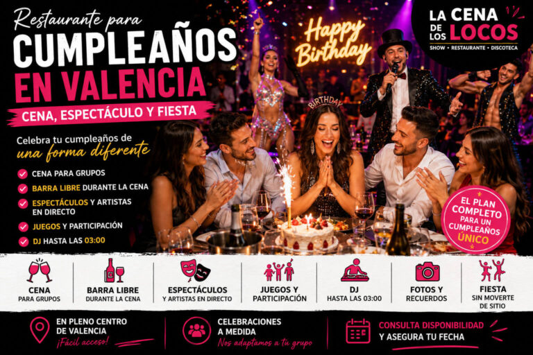 Restaurante para cumpleaños en Valencia con cena, espectáculo en directo, juegos, barra libre durante la cena y DJ.