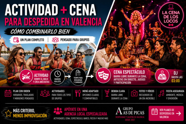 Actividad y cena para despedida en Valencia con plan completo, horarios, cena espectáculo, barra libre durante la cena, juegos y DJ.