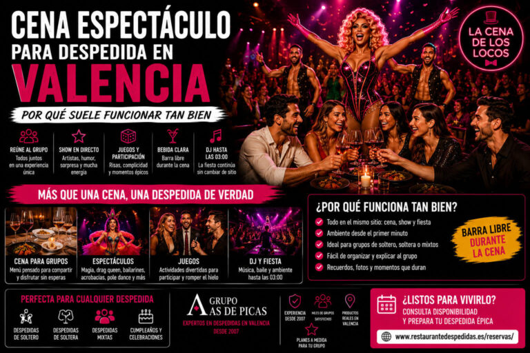 Cena espectáculo para despedida en Valencia con cena para grupos, show en directo, juegos, barra libre durante la cena y DJ hasta las 03:00.