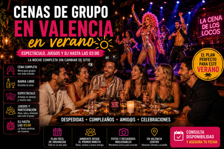 Cenas de grupo en Valencia en verano con espectáculo, barra libre durante la cena, juegos y DJ hasta las 03:00.