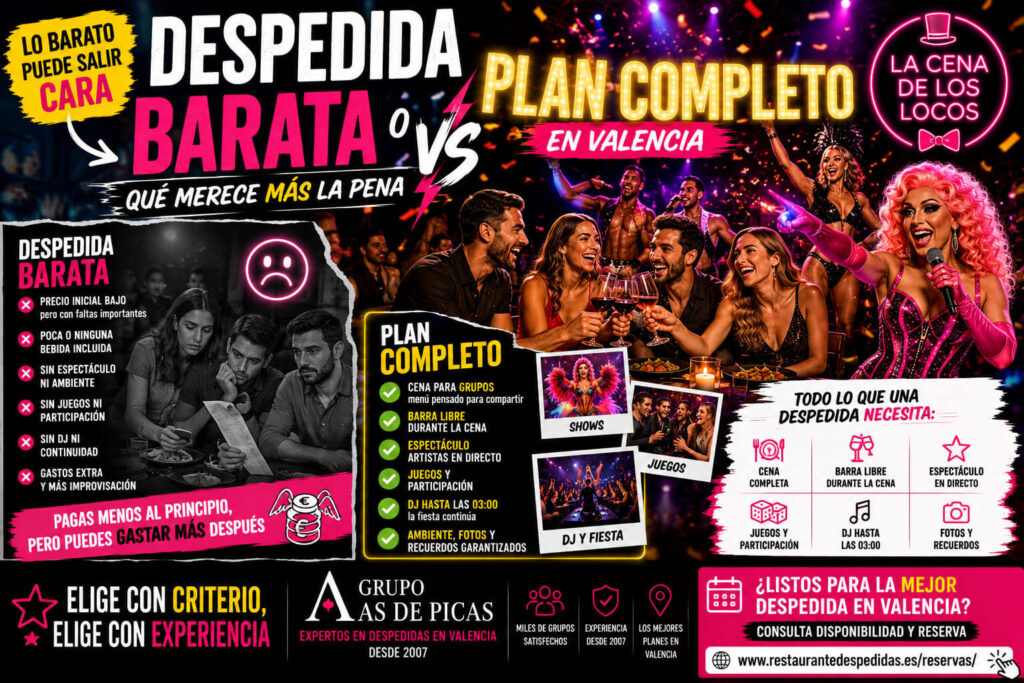 Despedida barata en Valencia o plan completo con comparativa de precio, cena, bebida, espectáculo, juegos y DJ hasta las 03:00.