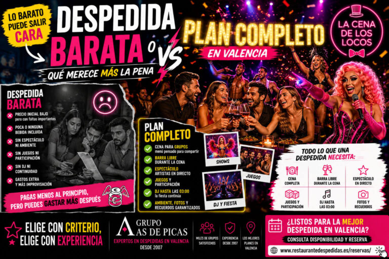 Despedida barata en Valencia o plan completo con comparativa de precio, cena, bebida, espectáculo, juegos y DJ hasta las 03:00.