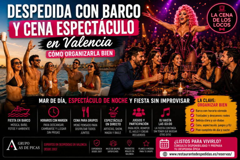 Despedida con barco y cena espectáculo en Valencia con fiesta en barco, horarios con margen, cena para grupos, juegos y DJ hasta las 03:00.
