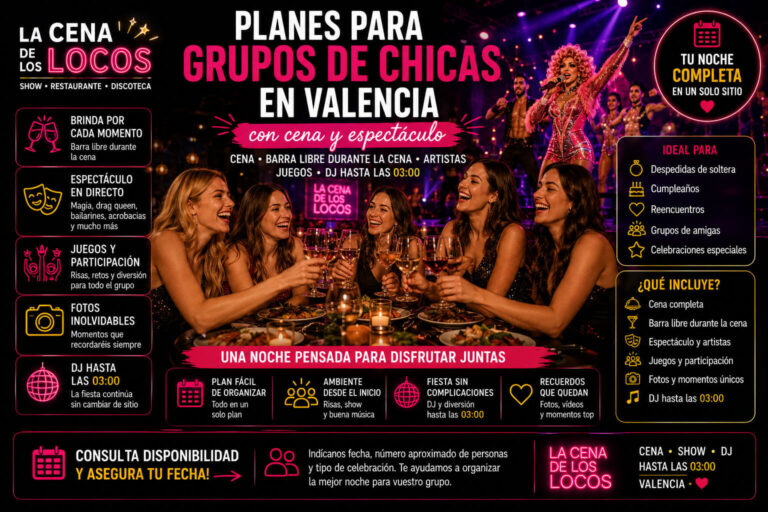 Planes para grupos de chicas en Valencia con cena espectáculo, artistas, juegos, barra libre durante la cena, fotos y DJ.