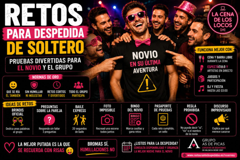 Retos para despedida de soltero con pruebas divertidas para el novio y el grupo en una fiesta con ambiente, juegos y celebración en Valencia.